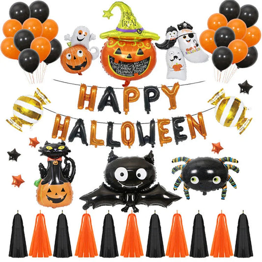 Spooky Halloween balloon decorations featuring pumpkins and bats in various styles