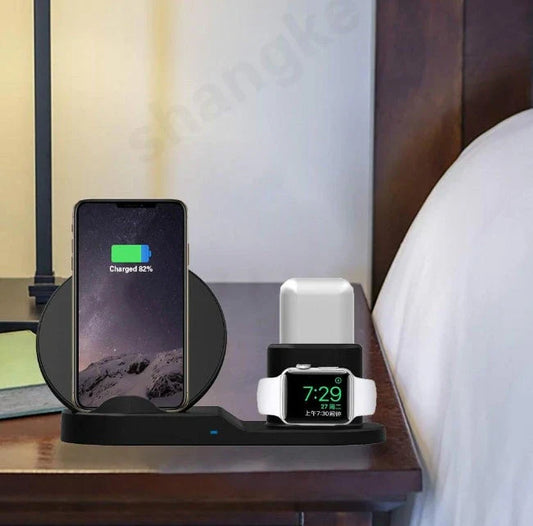 3-in-1 wireless charging station for iPhone, Apple Watch, and AirPods with fast charging and automatic power-off features