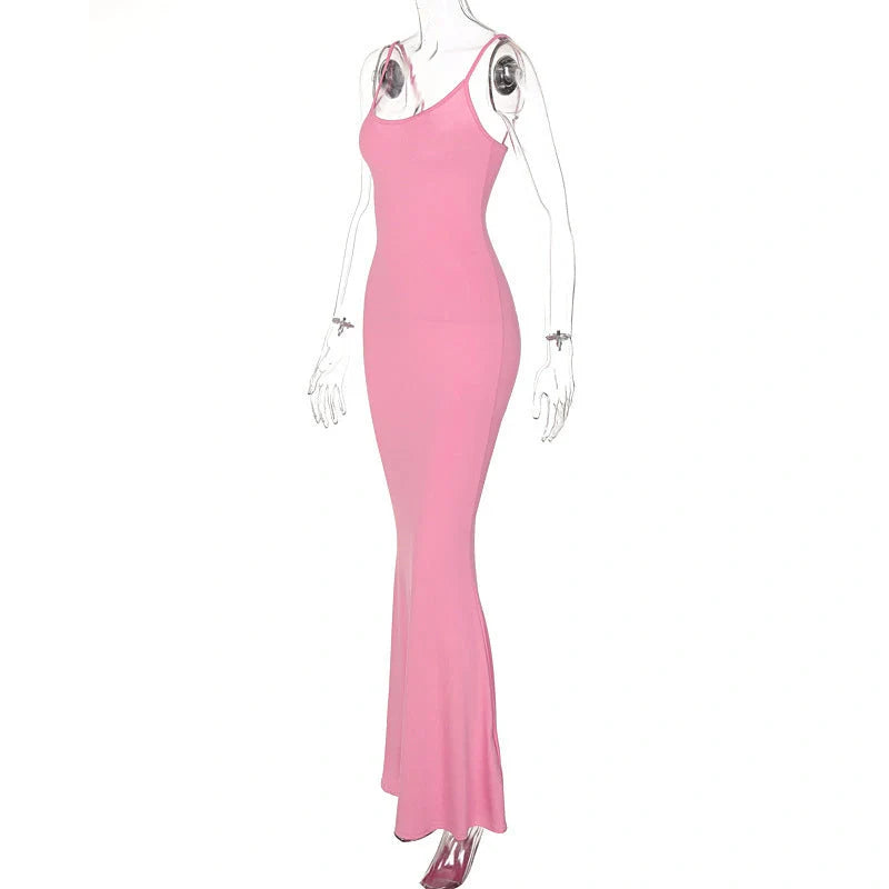 Women's spaghetti strap long dress in pink, gray, black, and blue with high waist design