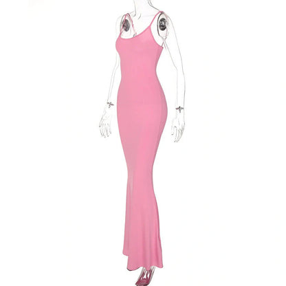 Women's spaghetti strap long dress in pink, gray, black, and blue with high waist design
