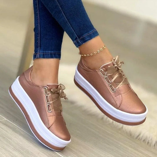 Women's ribbon lace-up platform sneakers in black, gold, silver, and rose gold