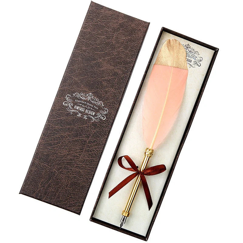 Elegant European-inspired feather pen in a luxurious gift box, showcasing its vintage-inspired design and premium stainless steel construction.