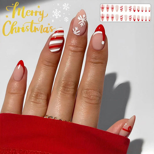 24pcs Christmas false nails with hat striped snowflake design for holiday parties