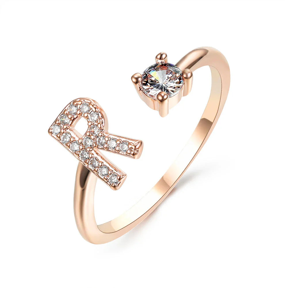 Customizable adjustable ring with 26 letters for women, featuring zircon stones and copper alloy construction