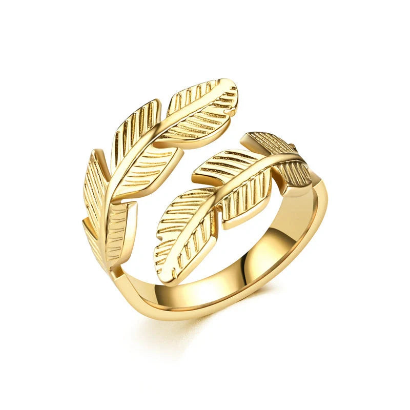 Feather-themed titanium steel open ring in gold and silver colours, with an adjustable design and elegant geometric shape