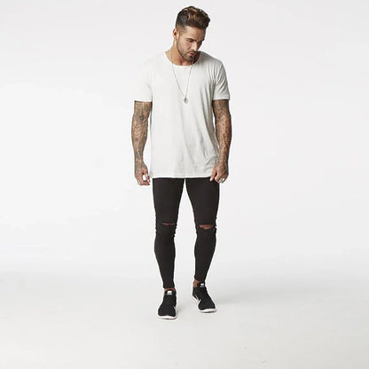 Premium cotton summer distressed skinny jeans for men with a slim, stretchy fit and an edgy, washed-out finish