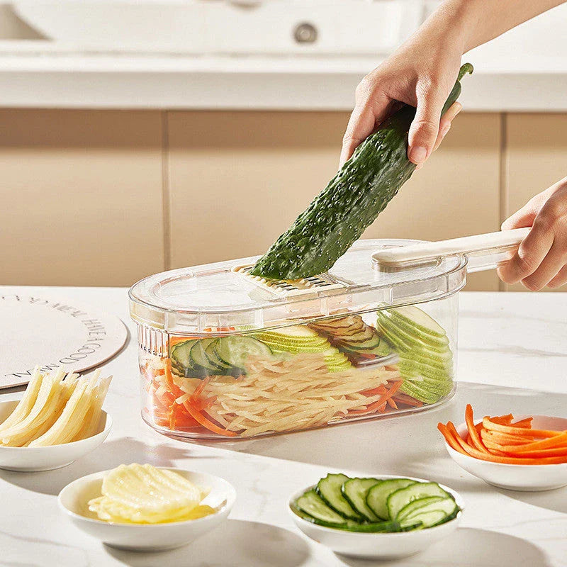 Versatile vegetable chopper with various blades, basket, and cleaning brush - efficient tool for slicing, dicing, shredding, and more