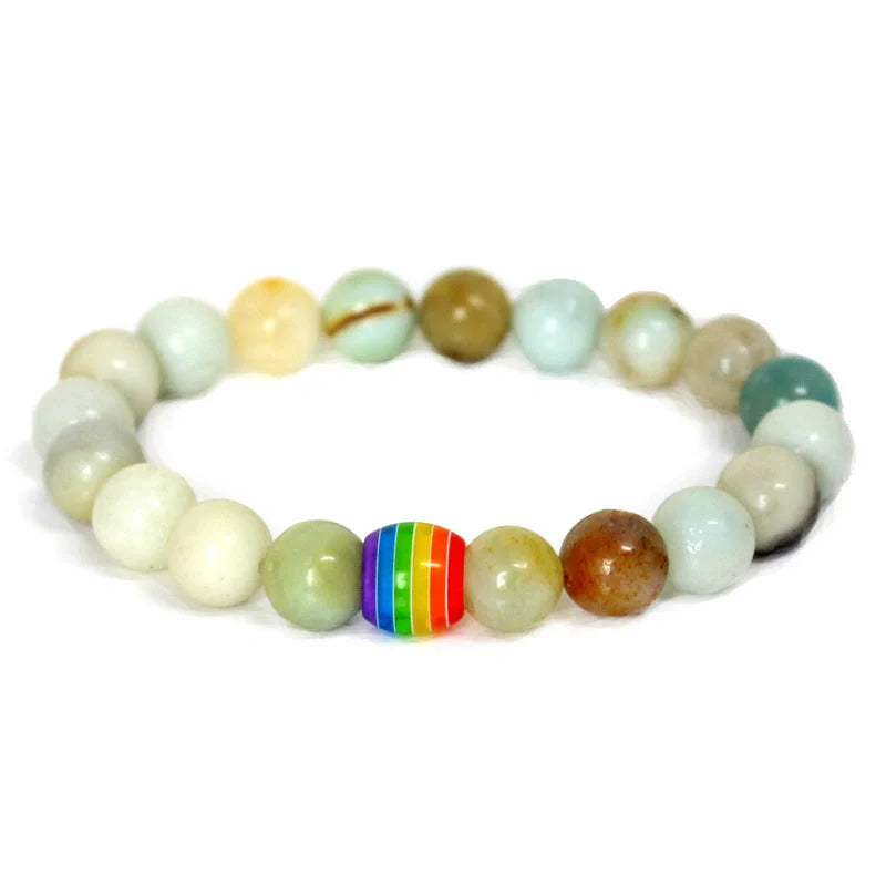 Pride Rainbow Bead Bracelet featuring natural stones in vibrant colours, perfect for unisex wear.