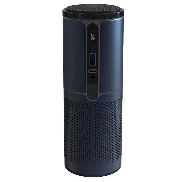 Compact car air purifier with HEPA technology in black, navy blue, rose gold, and dark grey