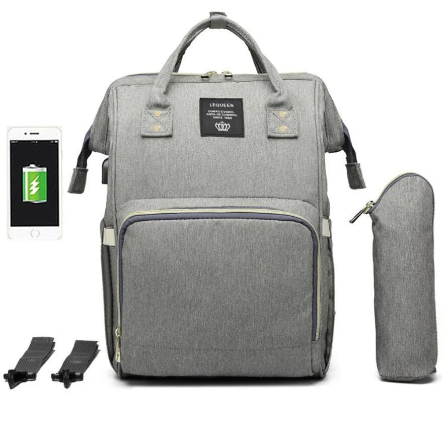 Premium mummy backpack in a range of stylish colours, featuring dedicated compartments for bottles, nappies and personal items.