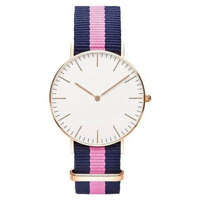 Nylon strap watch with round dial and quartz movement available in ten colours
