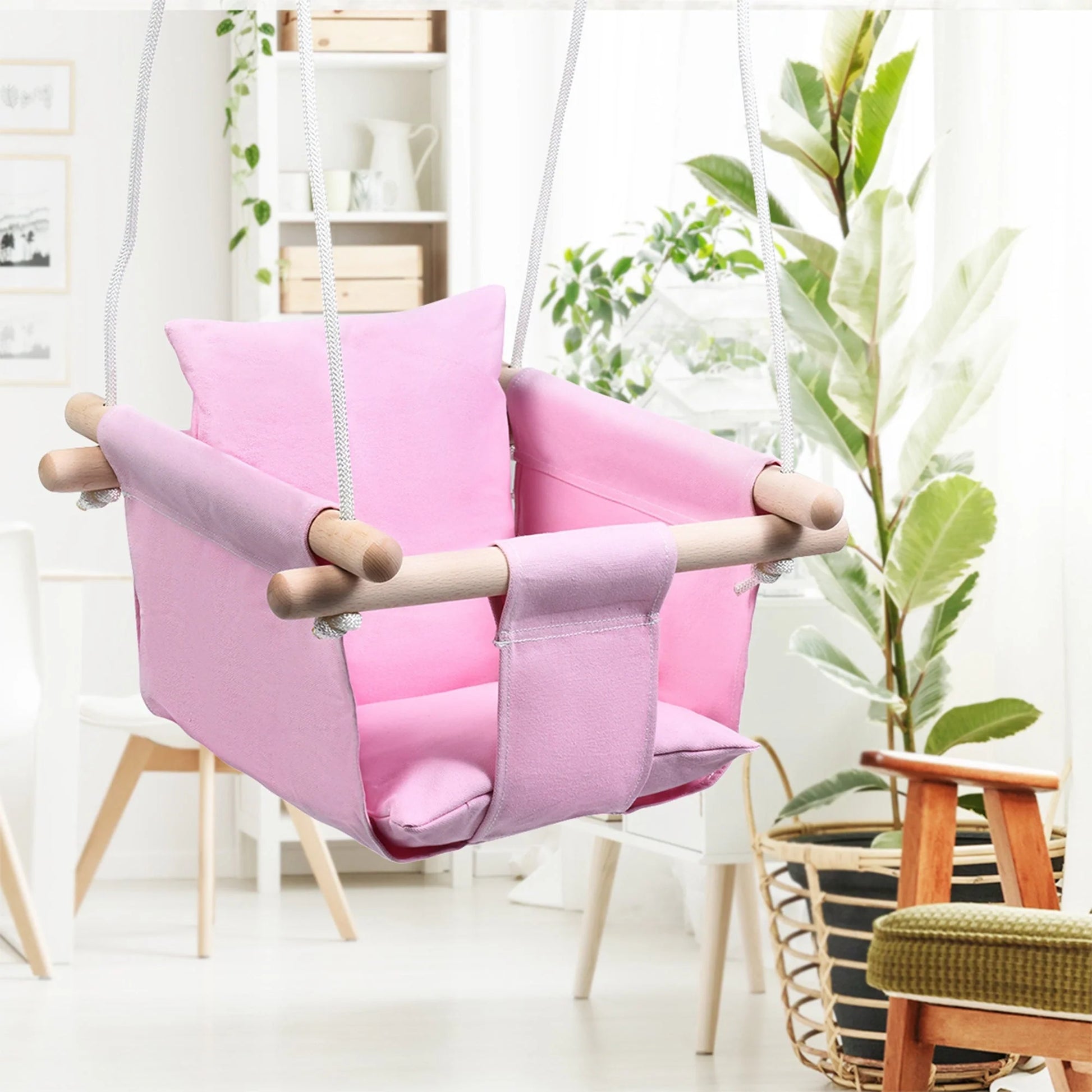 Infant hanging chair with blue and white canvas seat and adjustable rope
