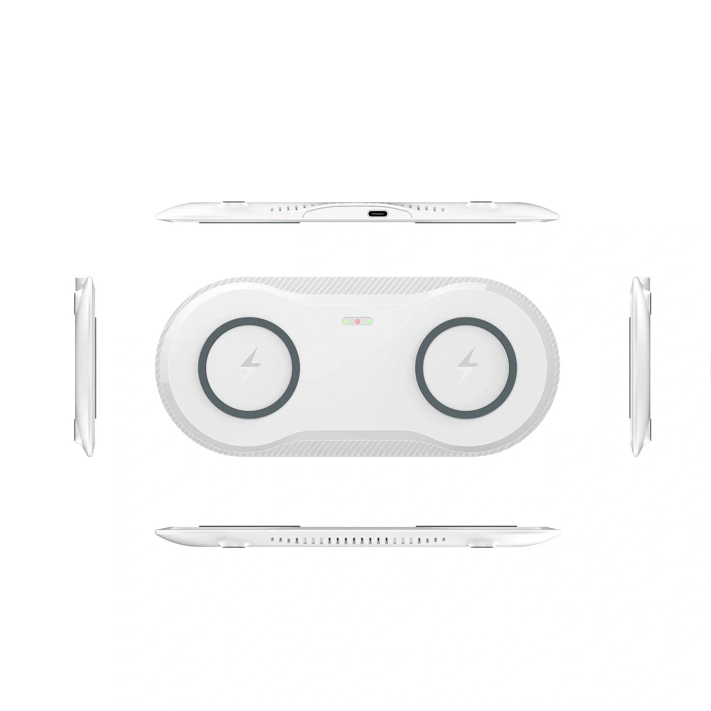 Dual wireless mobile phone charger in black and white, featuring intelligent temperature control