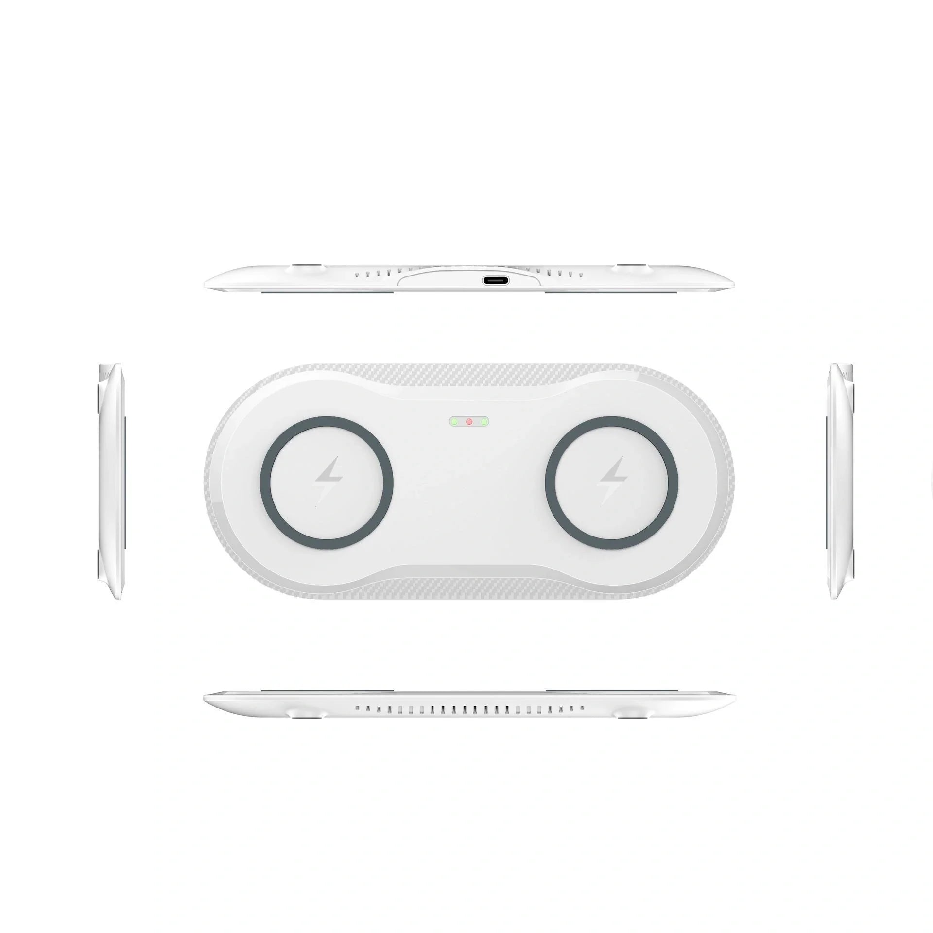 Dual wireless mobile phone charger in black and white, featuring intelligent temperature control