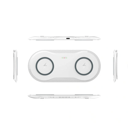 Dual wireless mobile phone charger in black and white, featuring intelligent temperature control