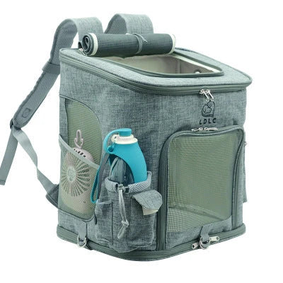 Transparent pet carrier backpack with mesh windows and zippered top for easy access, perfect for transporting cats in comfort and style.