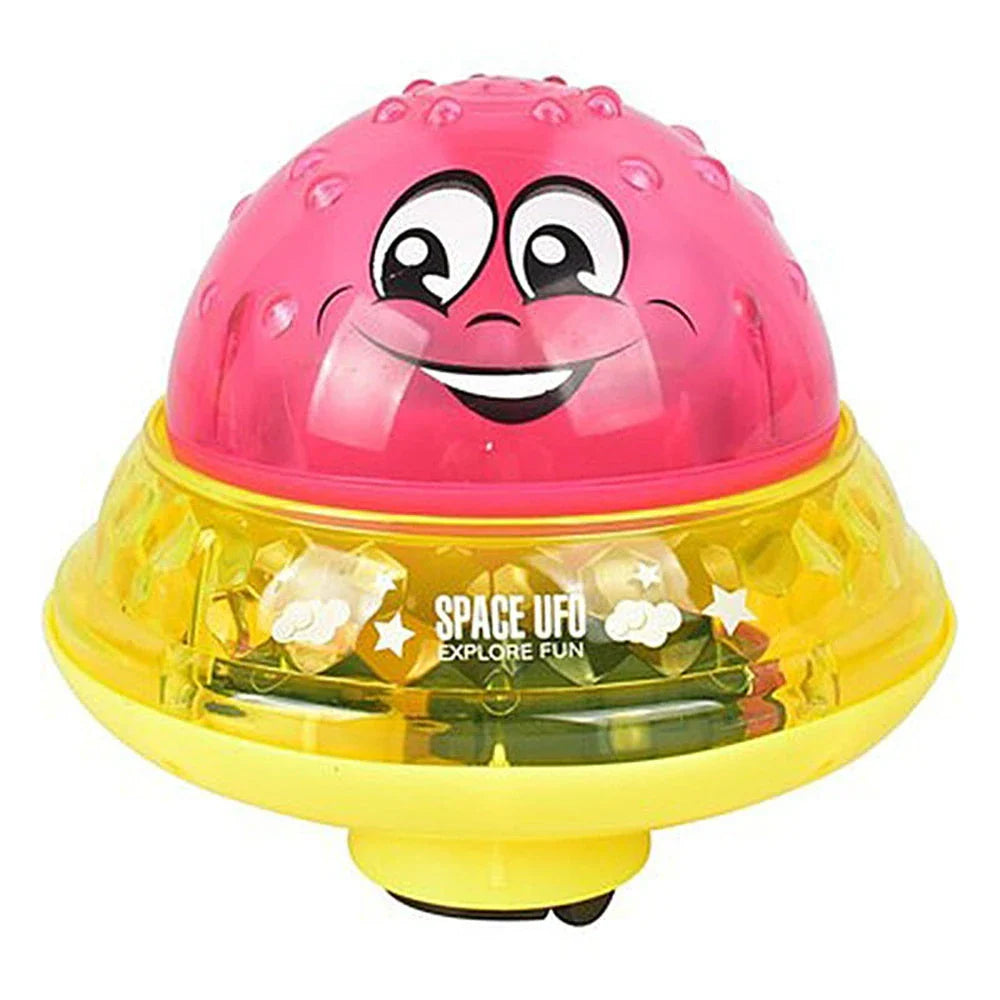 Rotating water sprinkler toy with colourful design and water spray feature for children's bath time fun