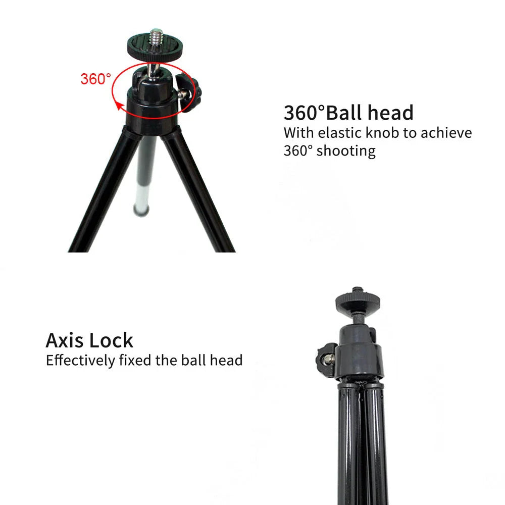 Flexible mini tripod stand for digital cameras and camcorders, with 360-degree swivel and 90-degree tilt for versatile positioning