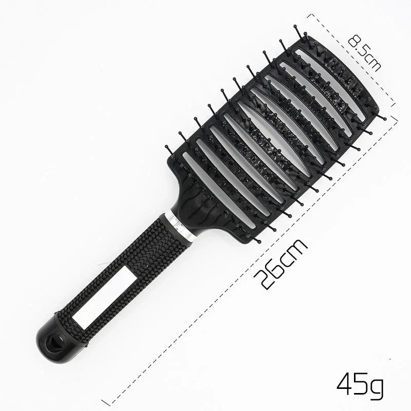 A premium hair brush with a sleek design, featuring soft bristles and a rounded massage function for healthy, detangled hair
