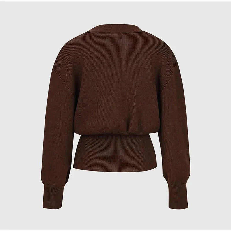 Women's V-neck Button Cardigan Knitted Sweater in brown and black