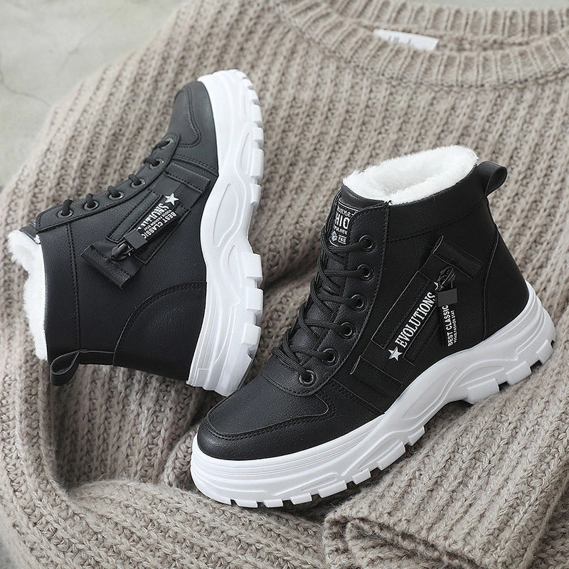 Winter fleece lace-up boots with artificial short plush lining in black, khaki, and white