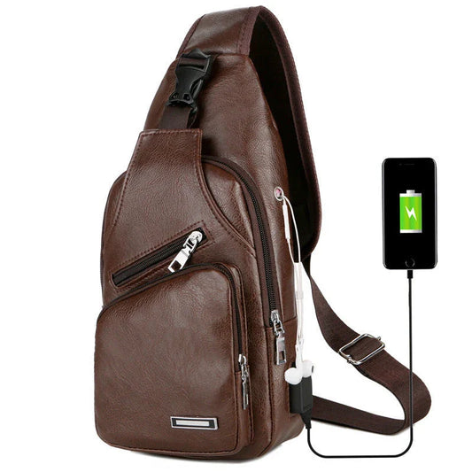 Stylish USB charging messenger bag with wear-resistant fabric, headphone jack, and spacious front pocket for modern, tech-savvy individuals