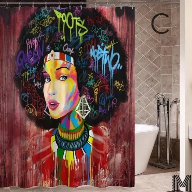 Vibrant African-inspired shower curtain with portrait of a beautiful African girl wearing earrings and bold hairstyle