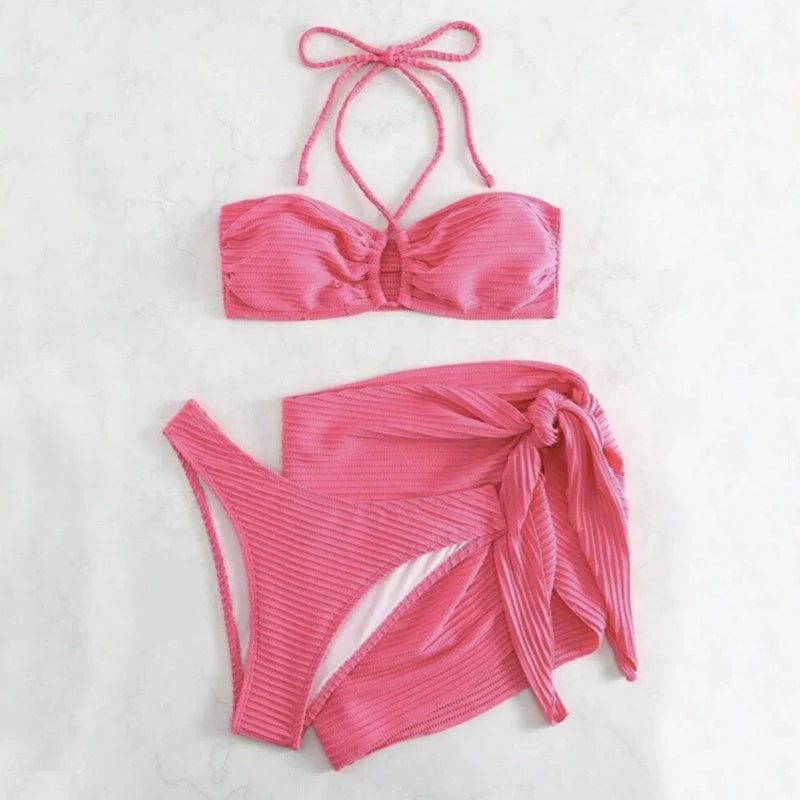 Women's 3-piece solid colour stripe swimsuit set with bikini top, bottom, and cover-up
