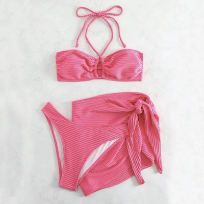 Women's 3-piece solid colour stripe swimsuit set with bikini top, bottom, and cover-up