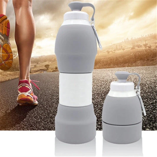 Collapsible silicone water bottle in various colors, perfect for outdoor and travel use