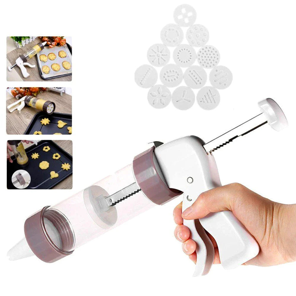 Premium Cookie Press Kit with interchangeable decorative discs for crafting a variety of biscuits and cakes