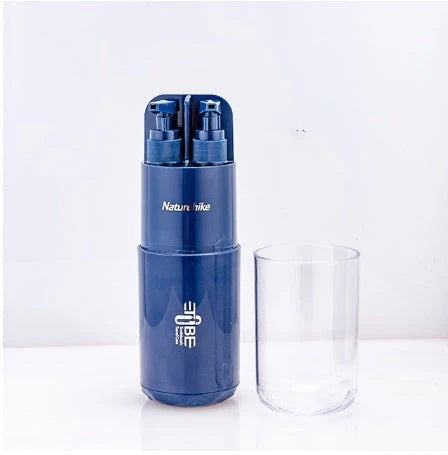 Multifunctional wash cup set including bottles, cup, mirror, and comb in durable PC and ABS materials