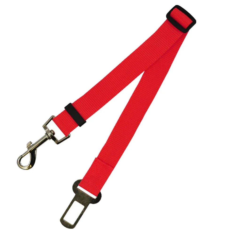 Adjustable dog seatbelt made of durable nylon material with heavy-duty hardware for secure pet travel