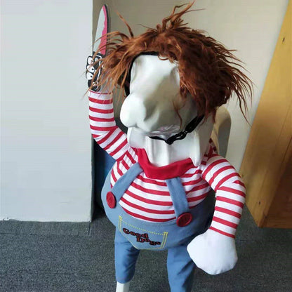 Adjustable Halloween pet costume for dogs in Horseman and Photo Color designs, includes wig and foam knife accessories