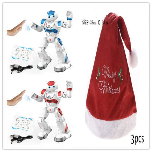 Remote-controlled dancing robot toy with gesture-sensing controls, preprogrammed songs and dances, and customizable programming capabilities