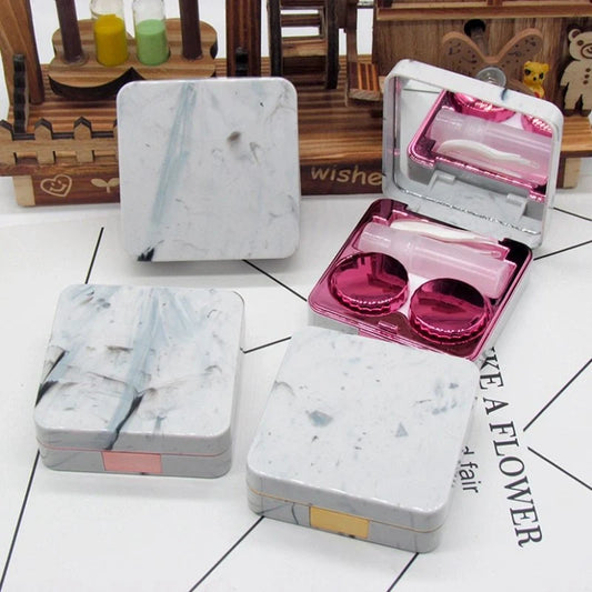 Square marble design contact lens case with mirror and accessories