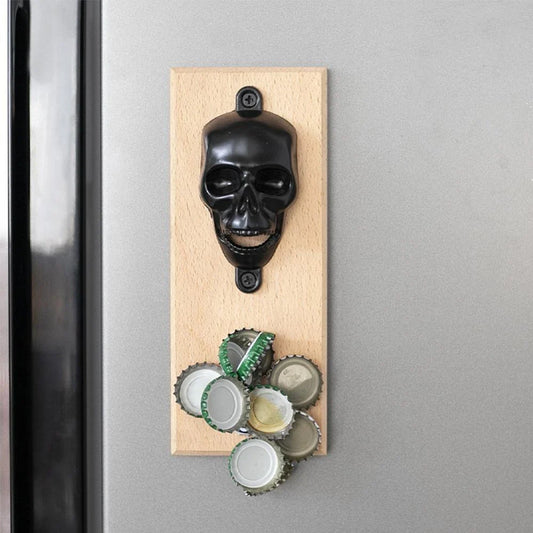 Skeleton-shaped magnetic wall-mounted bottle opener made of zinc alloy and solid wood