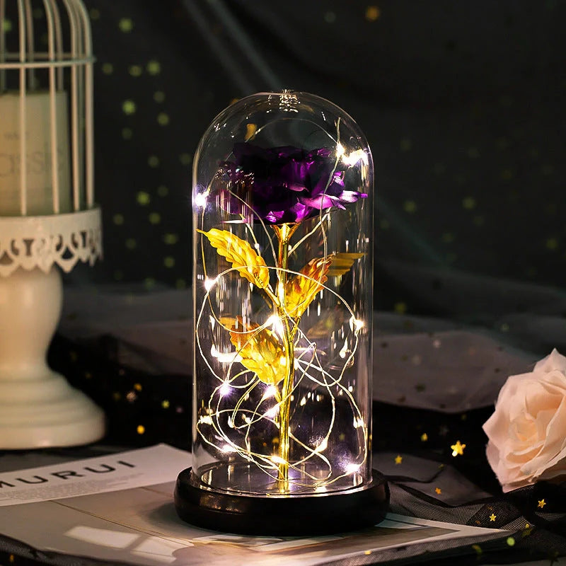Enchanted Forever Rose in Glass LED Light decoration with realistic rose and wooden base