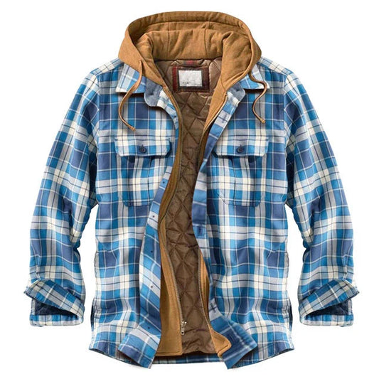 Men's navy blue casual check long sleeve hooded jacket