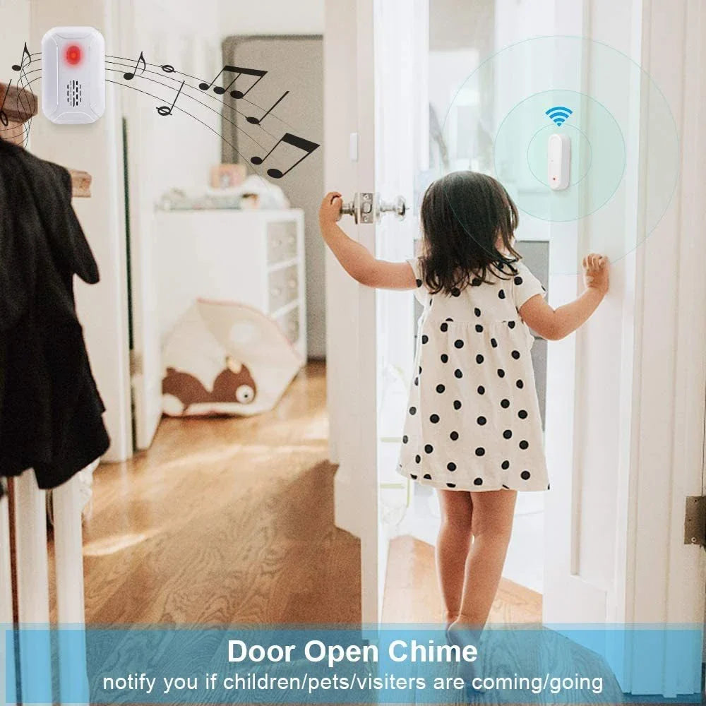 Wireless doorbell chime with 280-metre range, vibrant LED lights, and customisable settings for home and business security