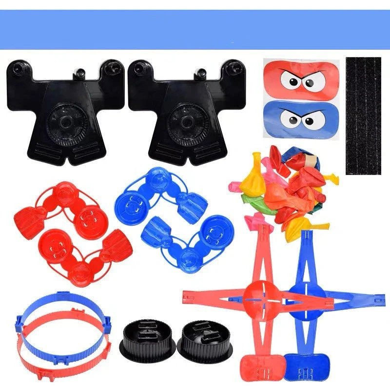 Two interactive balloon battling robots with detachable goggles, ready to engage in a competitive balloon-popping showdown.