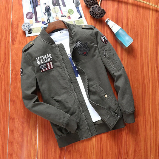 Men's khaki flight jacket with options for cotton lining in various sizes