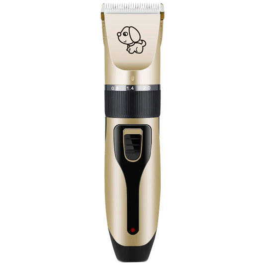 A precision dog hair trimmer with a quiet motor, featuring five speed settings, a titanium alloy fixed knife, and a long-lasting rechargeable battery for a stress-free grooming experience.