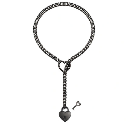 Adjustable Heart Slip Chain Necklace with Key Lock Charm in Black, Silver, and Gold Colours