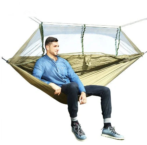Versatile parachute hammock with mosquito net for outdoor camping and relaxation