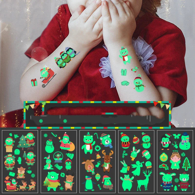 Festive Santa Claus luminous Christmas tattoo stickers with vibrant designs for parties, events, and home decor