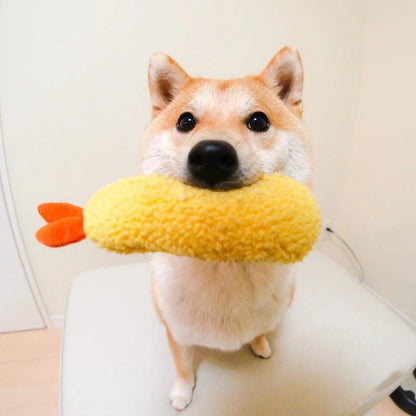 Adorable plush fried shrimp tempura squeaky dog toy for chewing, dental care, and anxiety relief