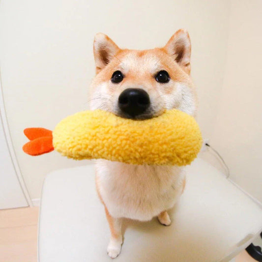 Adorable plush fried shrimp tempura squeaky dog toy for chewing, dental care, and anxiety relief