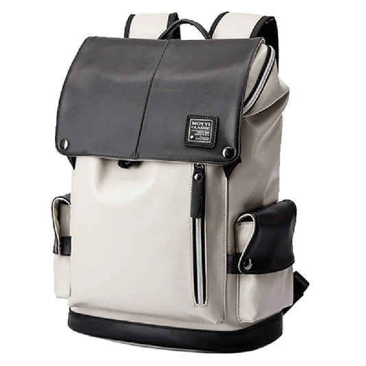Premium PU leather backpack in black and white colours, featuring a spacious main compartment and multiple pockets for excellent organisation.