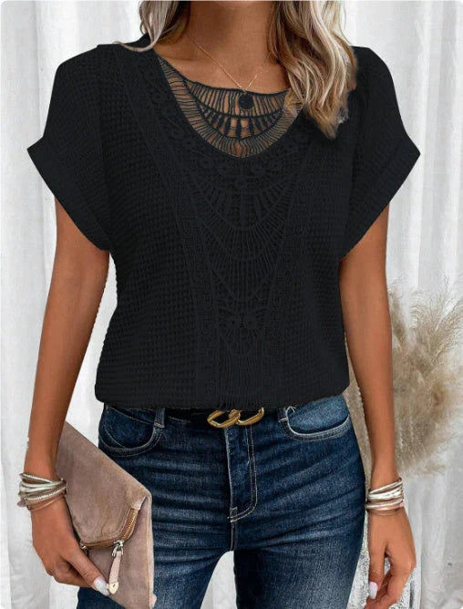Trendy hollowed-out short-sleeve t-shirt for women in various colors and sizes